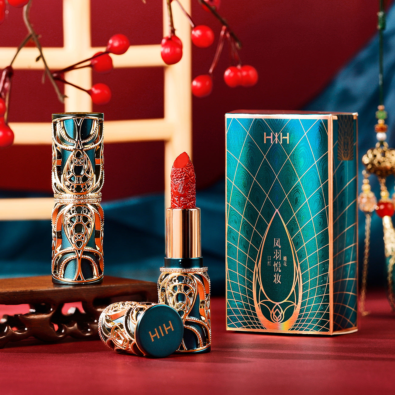 Luxury Blue Carved Tube Lipstick - Ornate Gold Filigree
