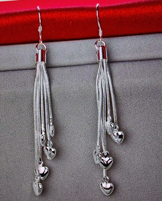 925 Sterling Silver Heart Tassel Drop Earrings
