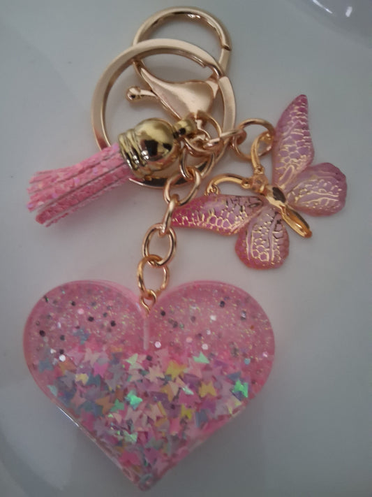 Butterfly Heart Resin Keychain - Confetti Bag Charm with Tassel