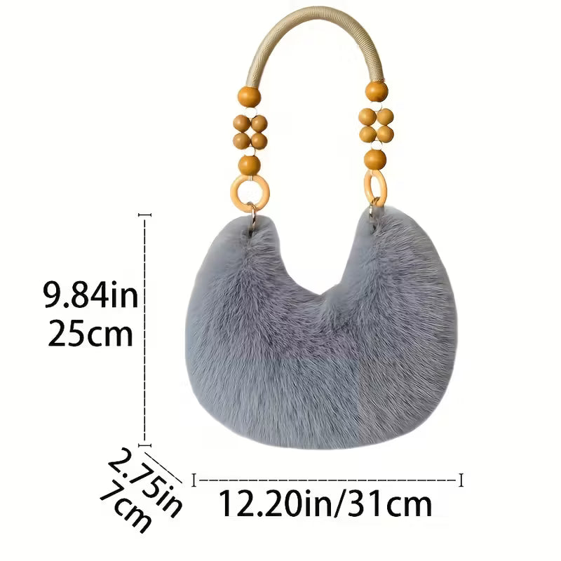 Large White Faux Fur Evening Bag - Luxe Wooden Bead Handle