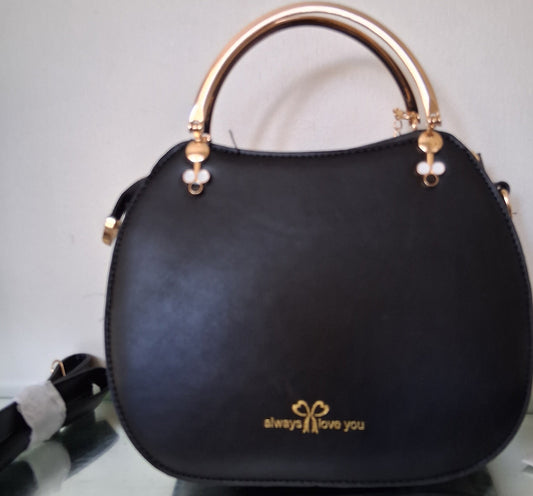 Black Faux Leather Handbag with Kitty Charm