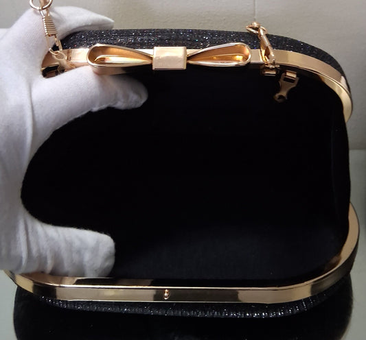 Black Sparkle Evening Clutch with Gold Bow