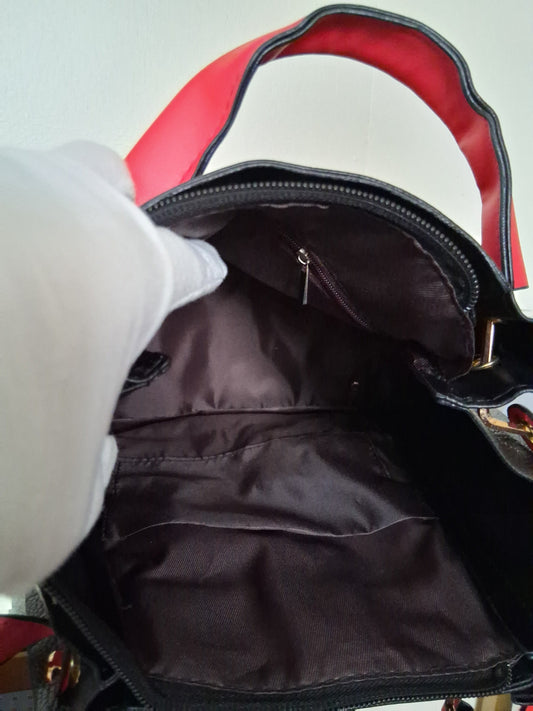 Large Black Bucket Tote with Red and Gold Accents