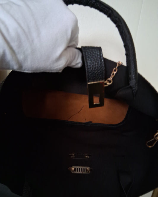Large Black Faux Leather Bucket Tote with Gold Hardware