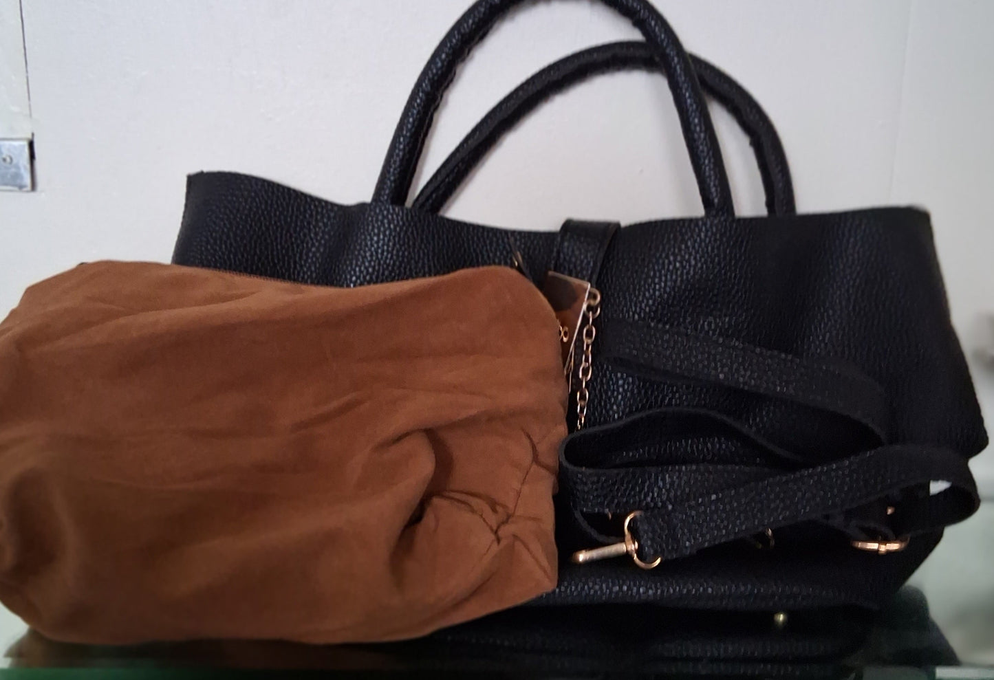 Large Black Faux Leather Bucket Tote with Gold Hardware