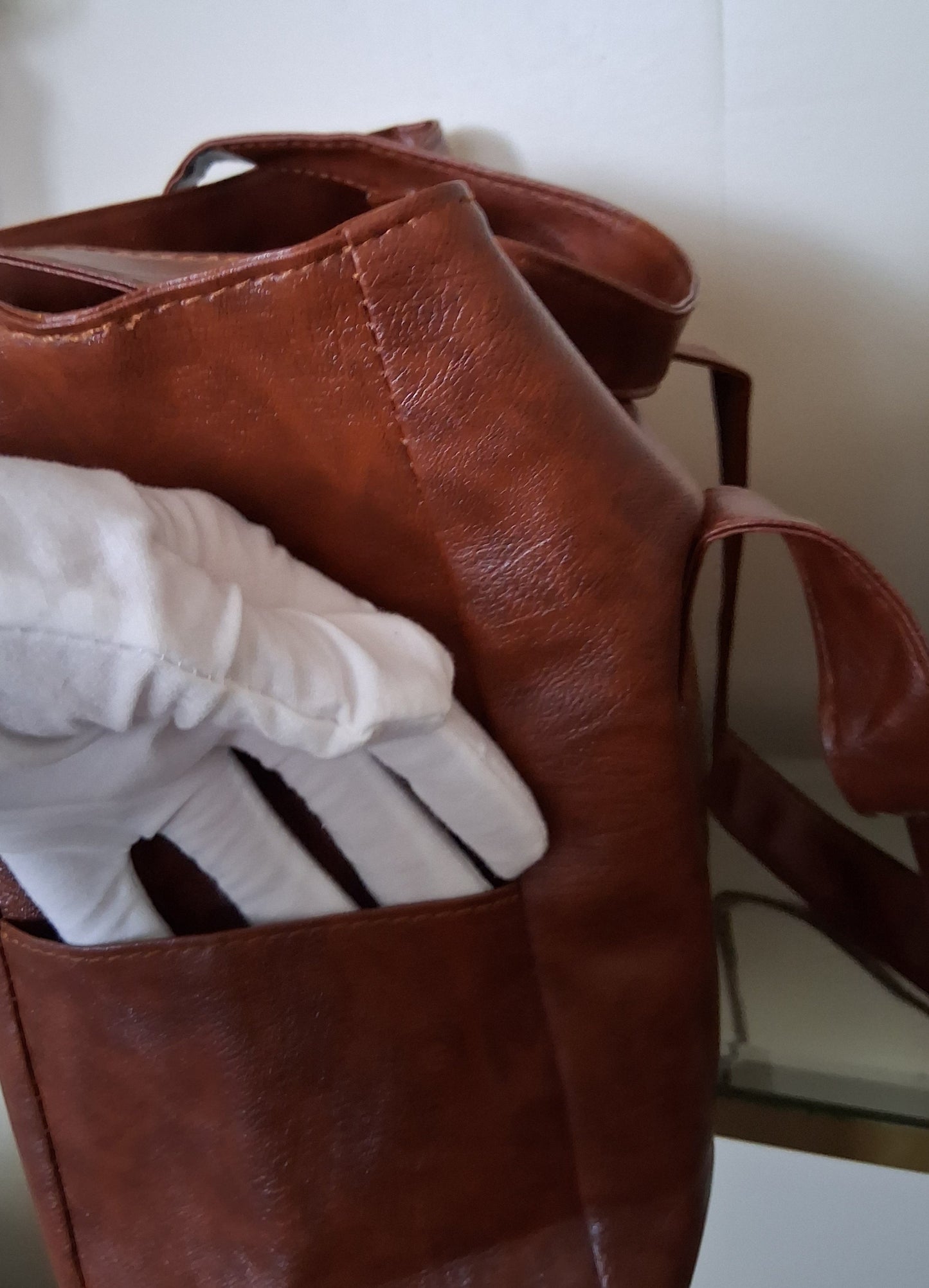 Large Brown Faux Leather Tote with End Pockets