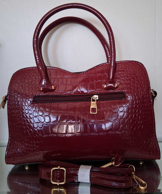 Large Burgundy-Red Faux Leather Handbag with Decorative Bow