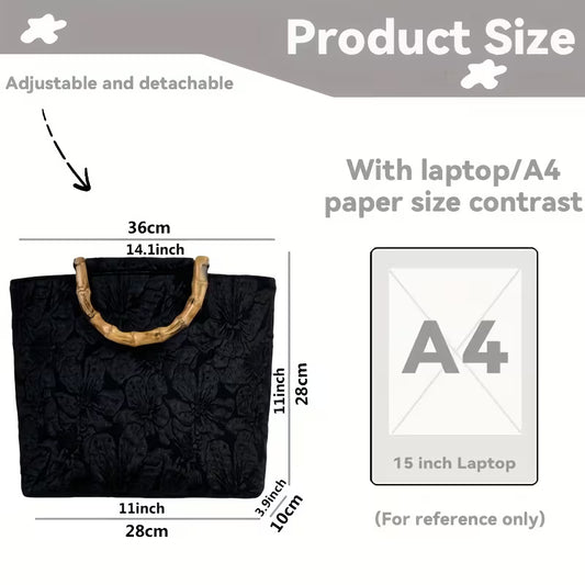 Large Black Floral Tote with Bamboo Handles