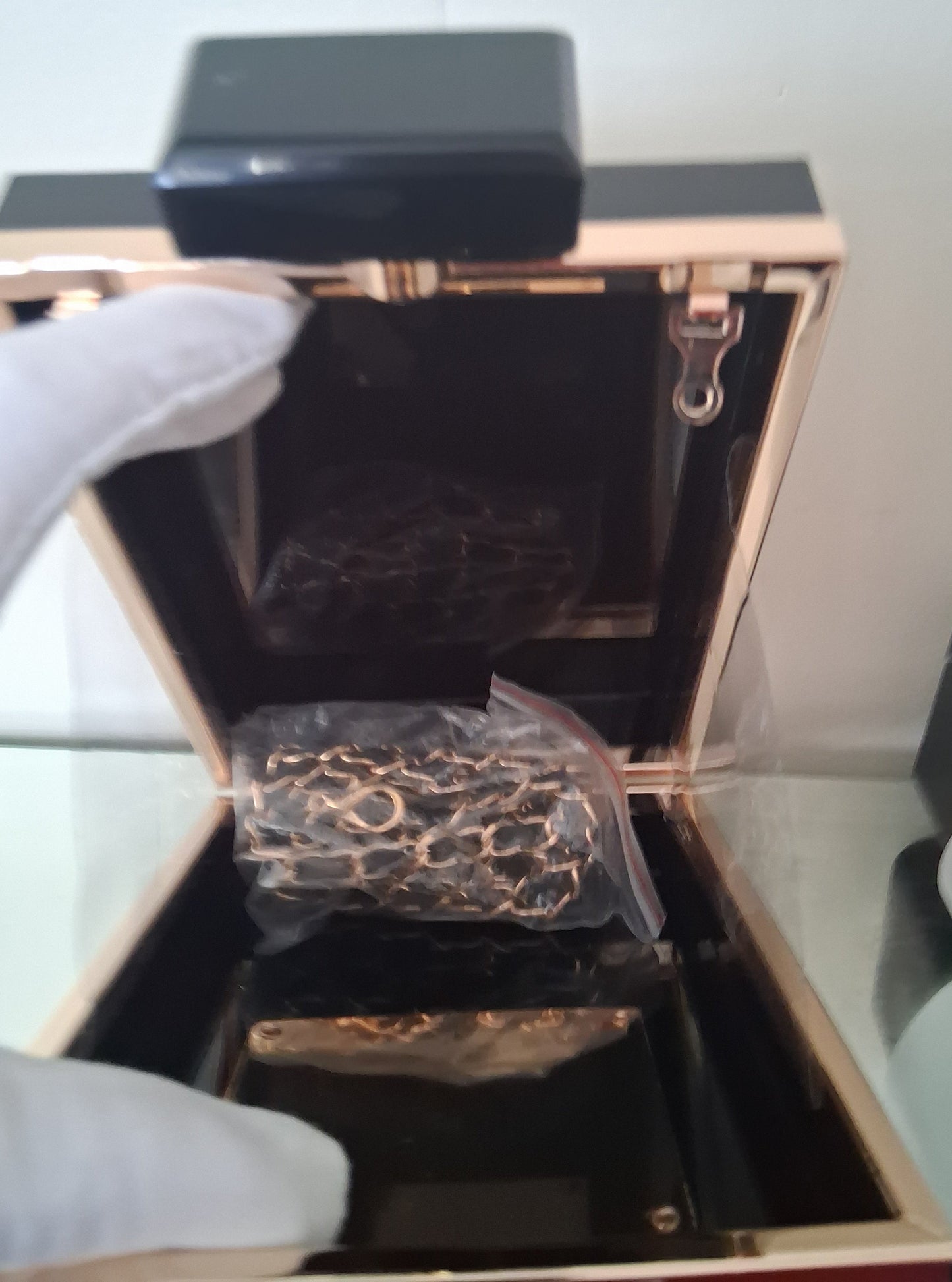 Paris Perfume Bottle Statement Clutch - Black & Gold Acrylic Evening Bag with Chain