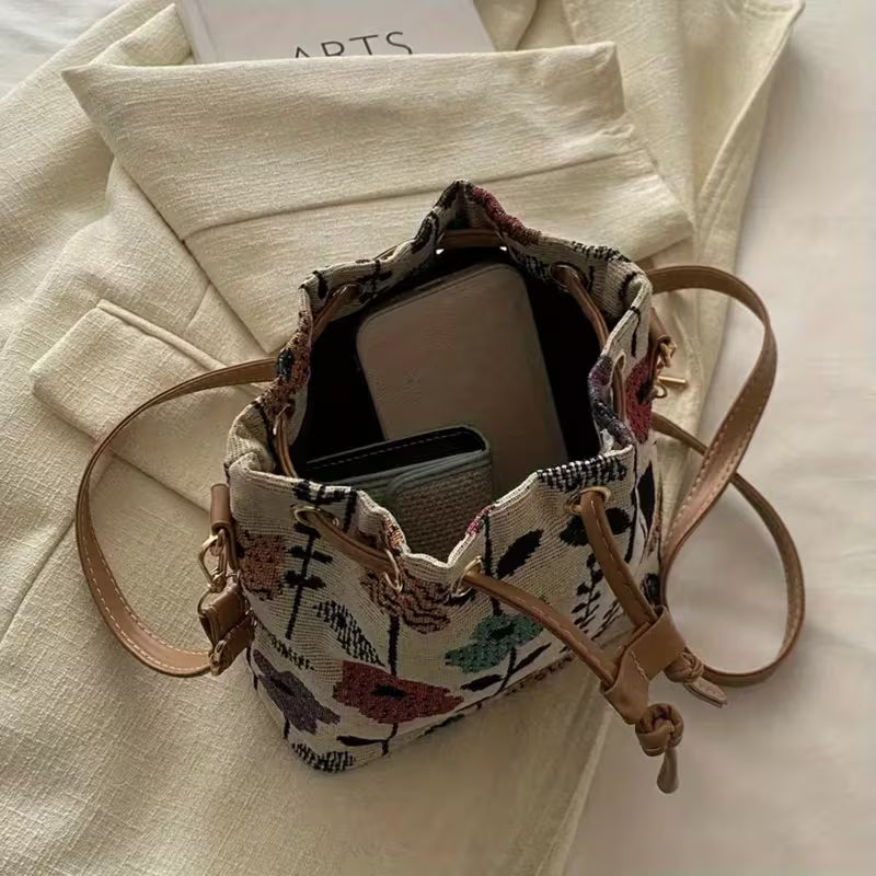 Floral Drawstring Bucket Bag with Crossbody Strap