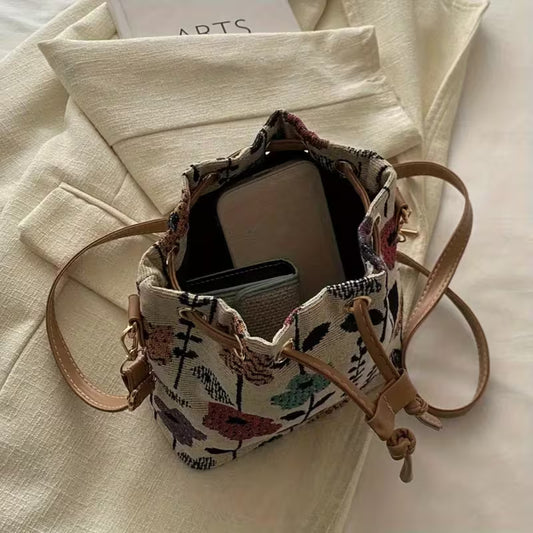 Floral Drawstring Bucket Bag with Crossbody Strap