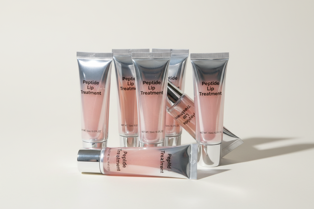 squeeze tubes of lip gloss that say "Peptide Lip Treatment" on the outside
