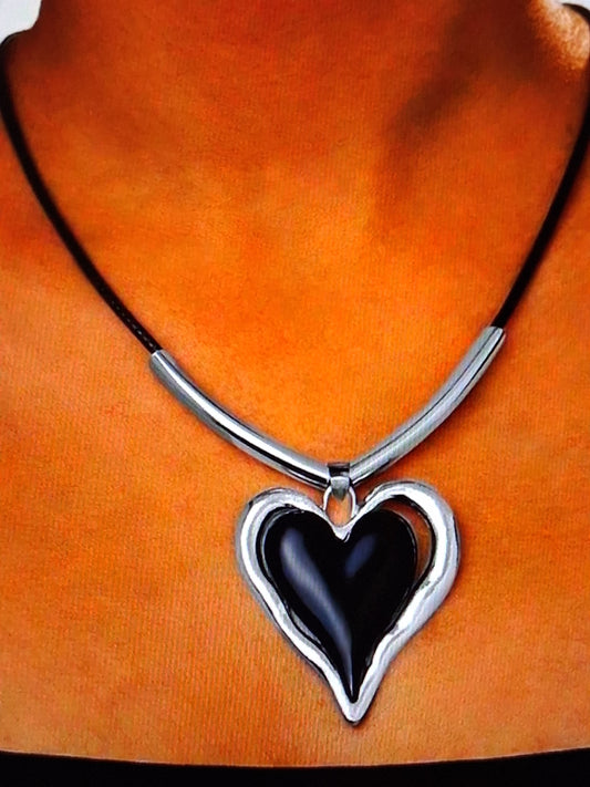 Black Heart Stainless Steel Necklace - Adjustable Cord