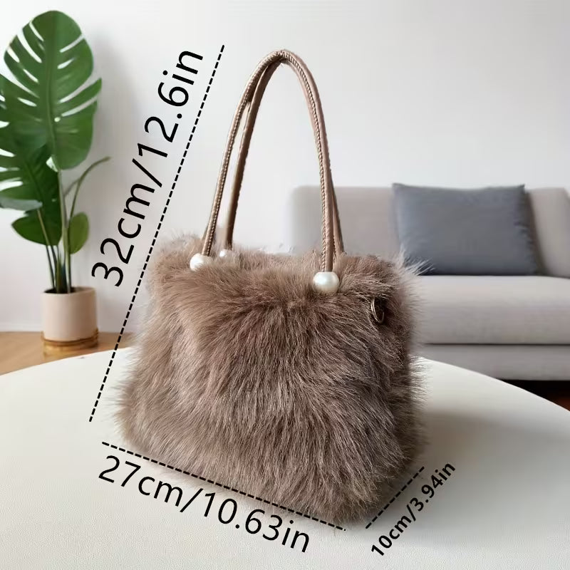 Faux Fox Fur Evening Bag - Plush Crossbody Handbag with Chain Strap Attachments