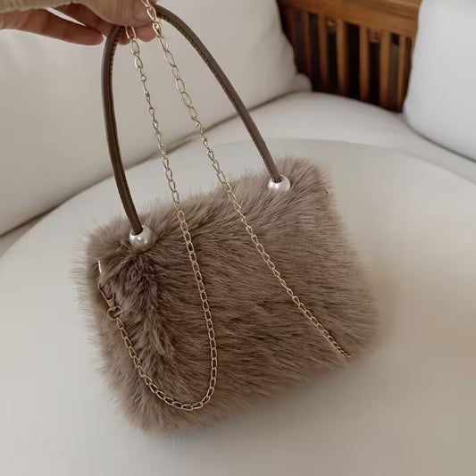 Faux Fox Fur Evening Bag - Plush Crossbody Handbag with Chain Strap Attachments