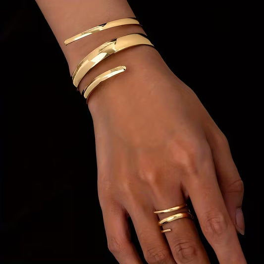 Gold Spiral Bracelet & Ring Set - Adjustable Stainless Steel