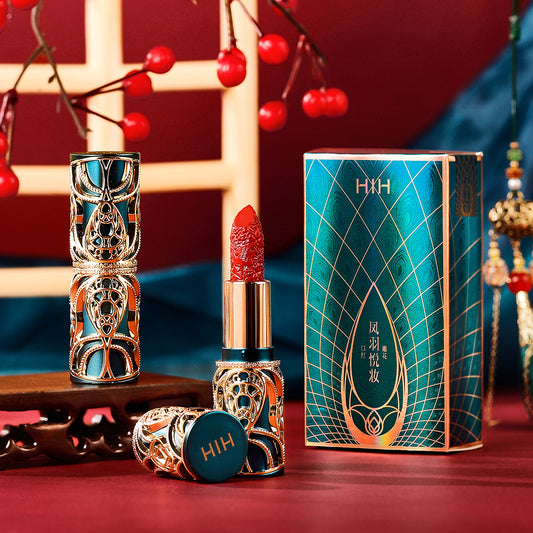 Luxury Blue Carved Tube Lipstick - Ornate Gold Filigree