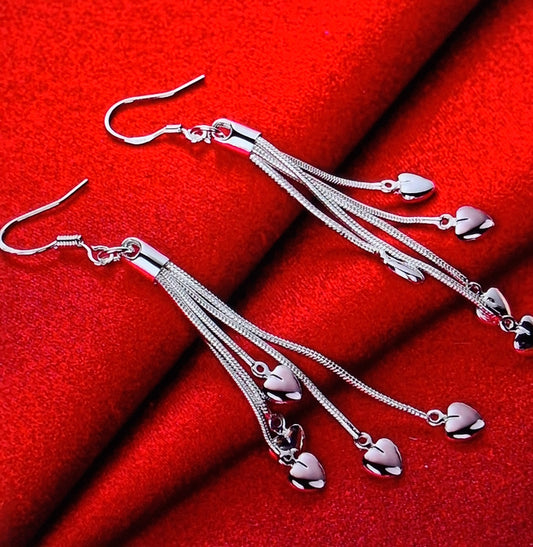 925 Sterling Silver Heart Tassel Drop Earrings