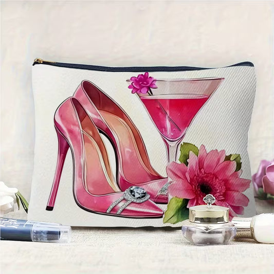 Pink High Heel & Martini Glam Makeup Bag - Medium