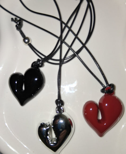 Adjustable Cord Heart Necklace - Hammered Silver Pendant