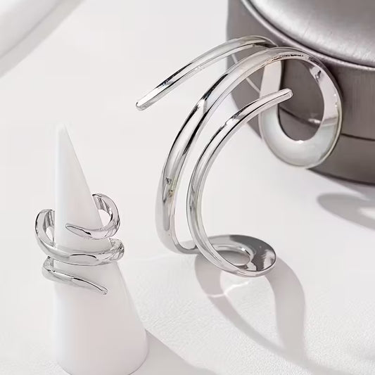 Silver Spiral Bracelet & Ring Set - Adjustable Stainless Steel