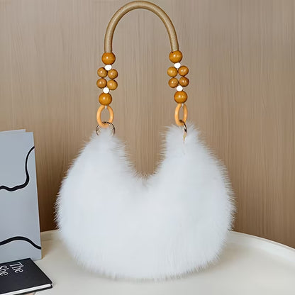 Large White Faux Fur Evening Bag - Luxe Wooden Bead Handle