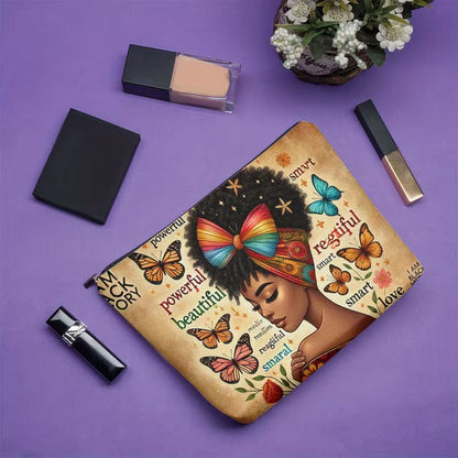 Black Woman Butterflies Affirmations Makeup Bag - Large