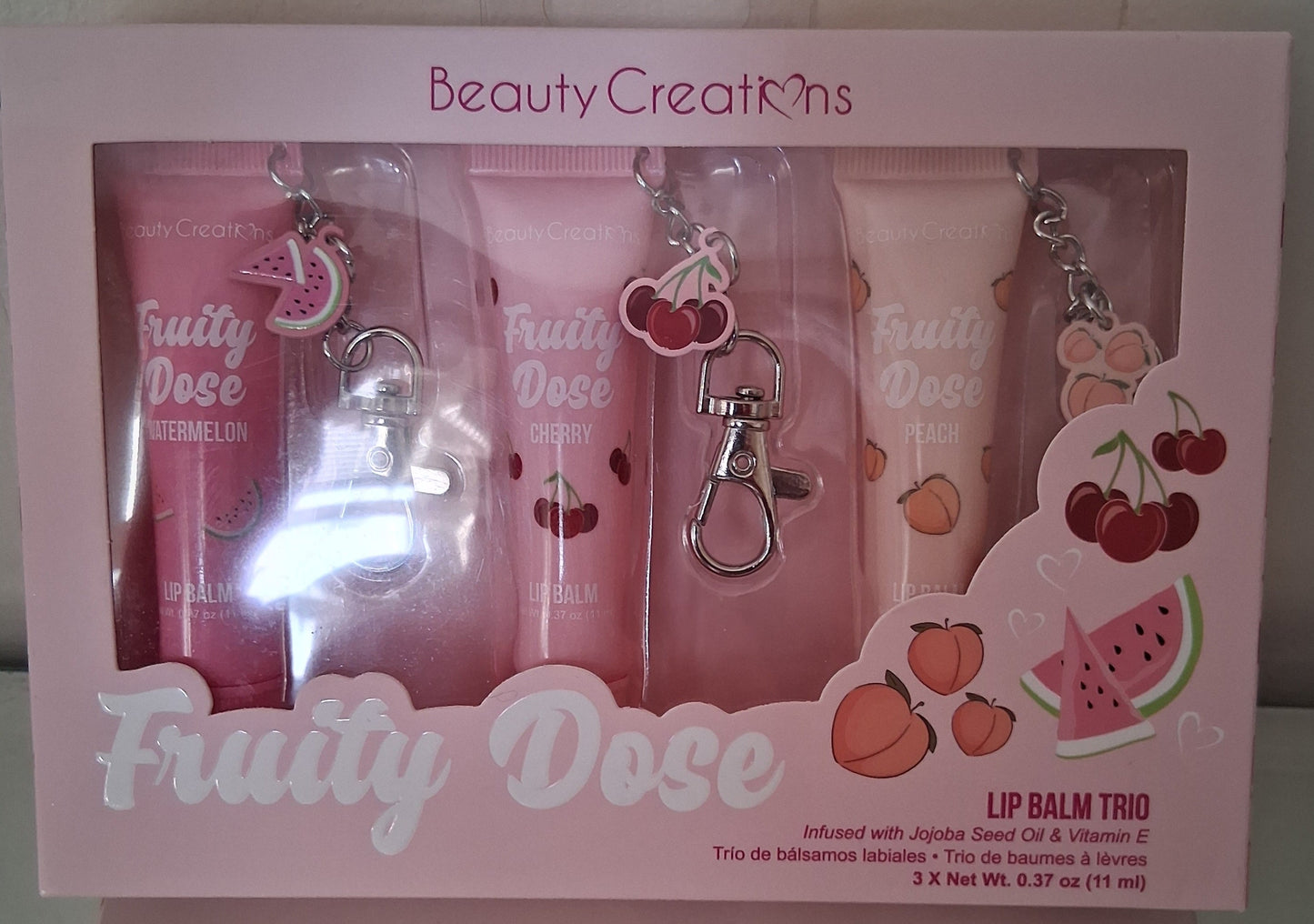 Beauty Creations Fruity Dose Lip Balm Trio with Fruit Charm Keychains - Jojoba & Vitamin E