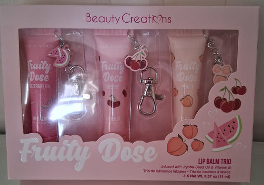 Beauty Creations Fruity Dose Lip Balm Trio with Fruit Charm Keychains - Jojoba & Vitamin E