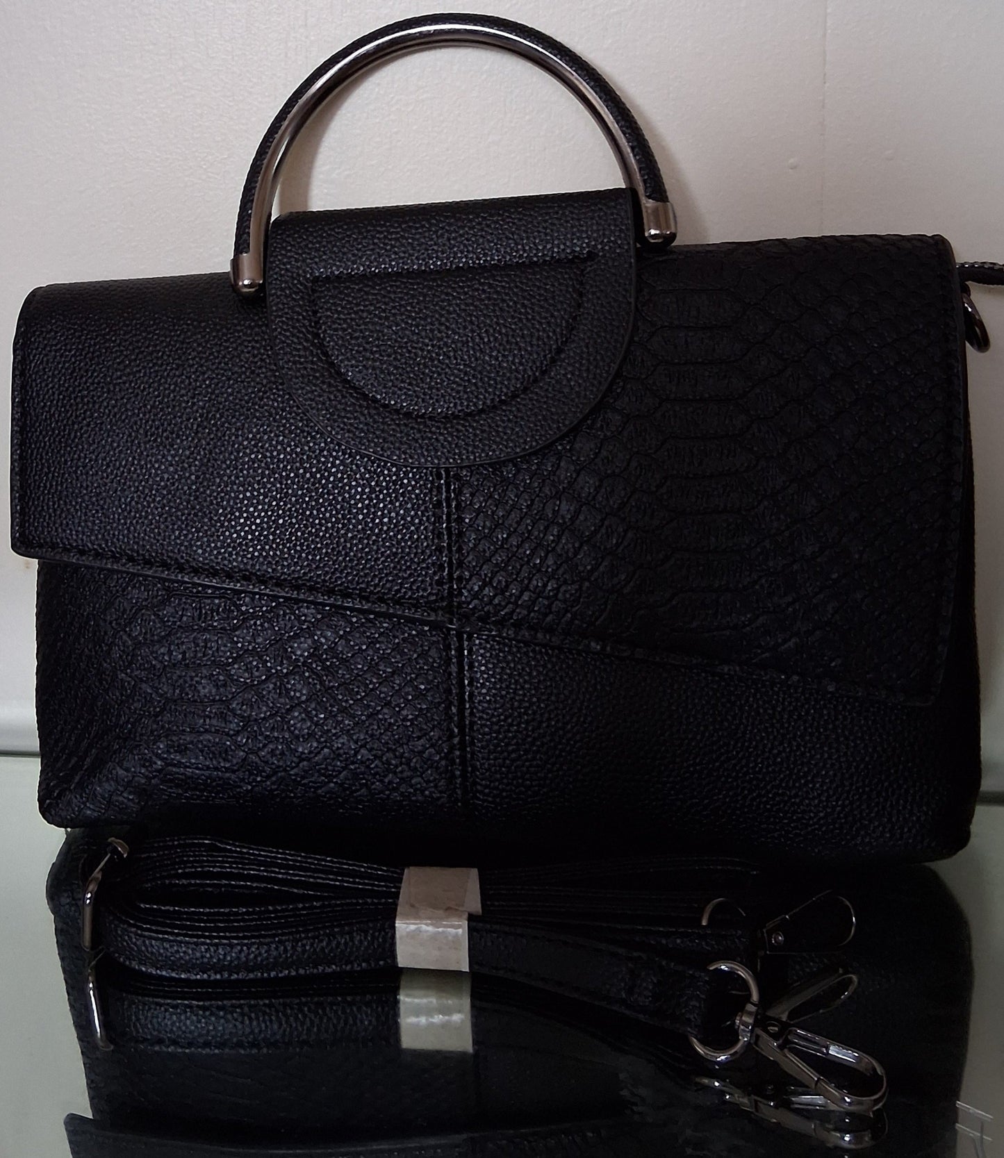 Black Faux Croc Leather Convertible Clutch with Crossbody Strap