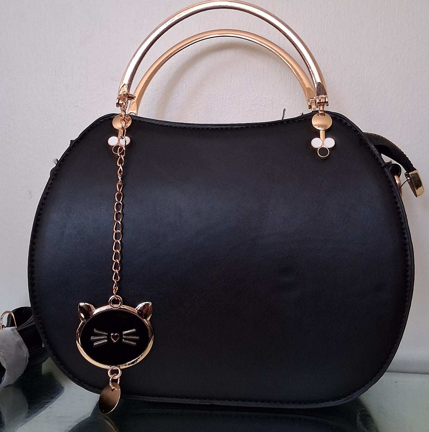 Black Faux Leather Handbag with Kitty Charm