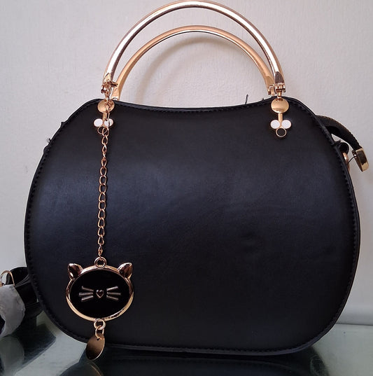 Black Faux Leather Handbag with Kitty Charm
