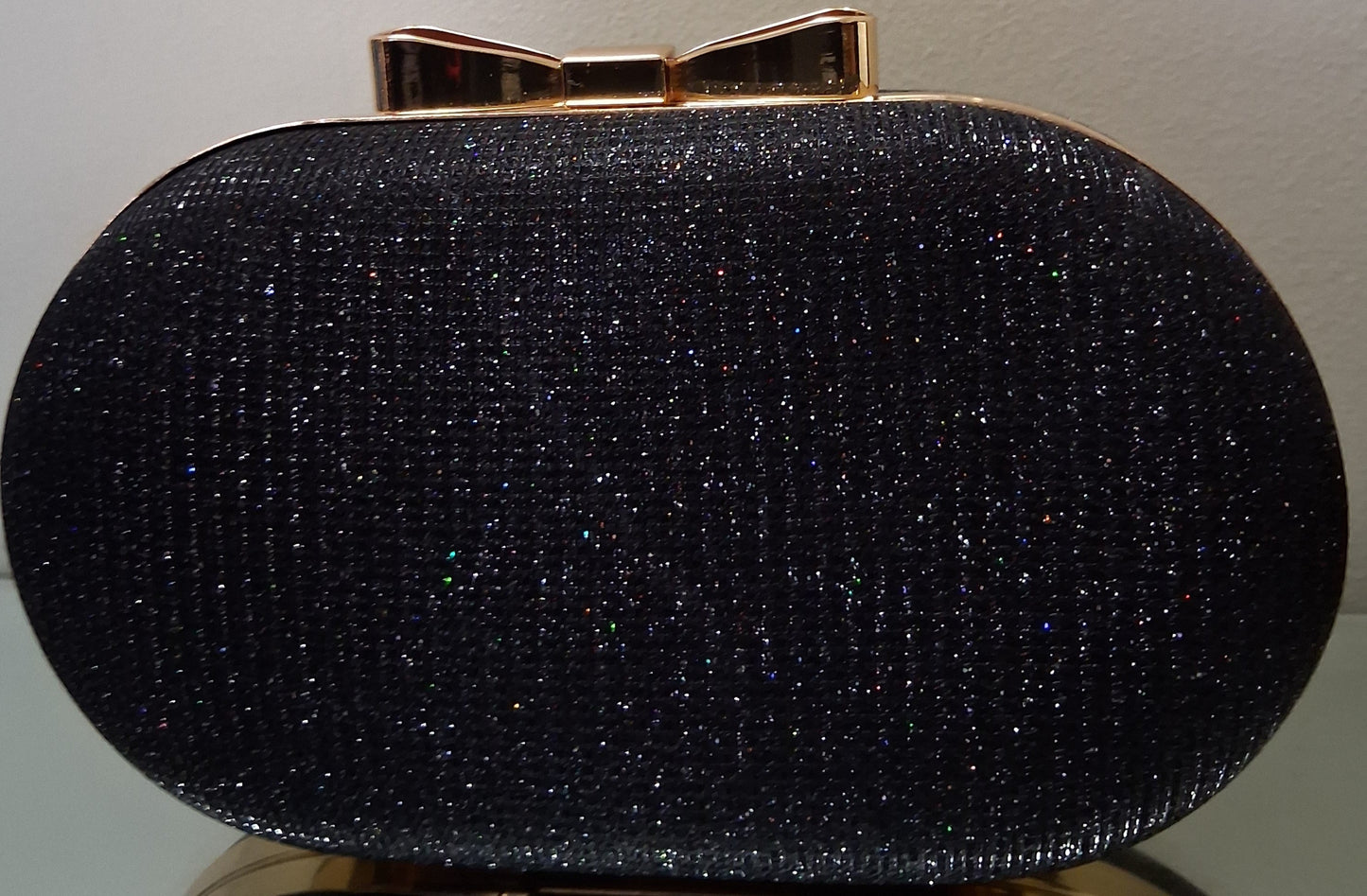 Black Sparkle Evening Clutch with Gold Bow