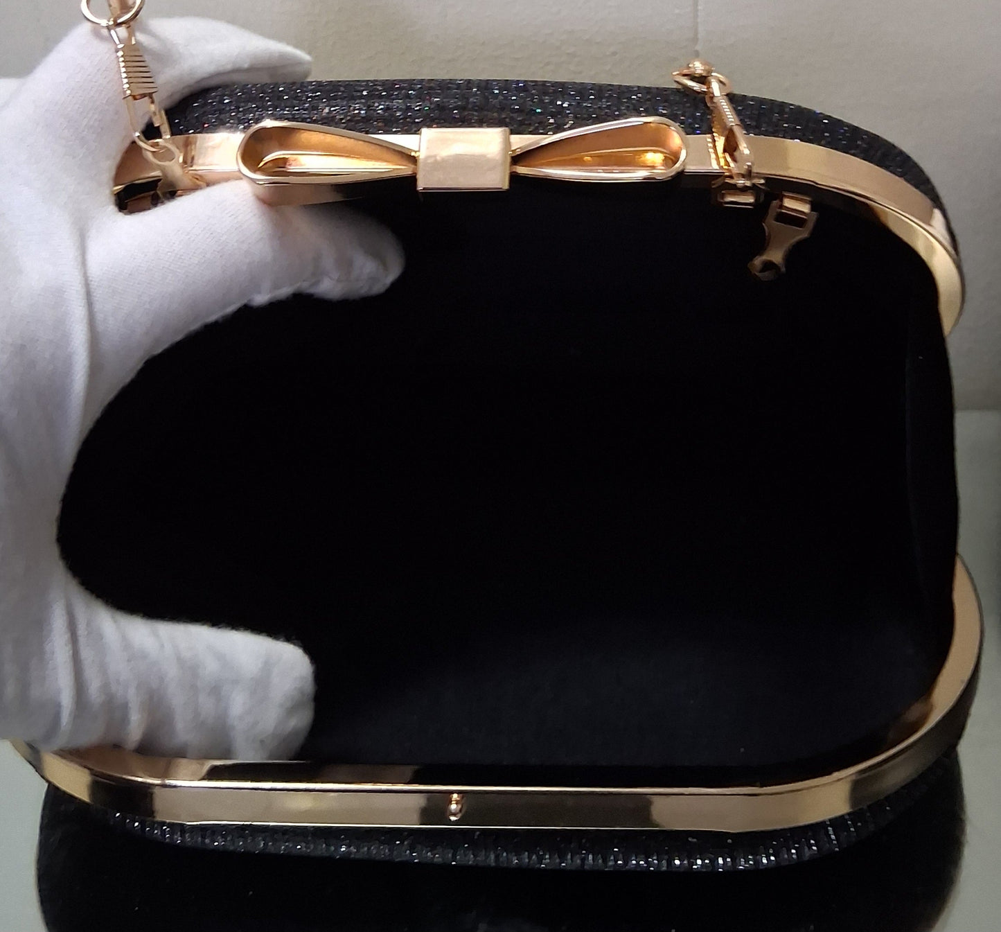 Black Sparkle Evening Clutch with Gold Bow