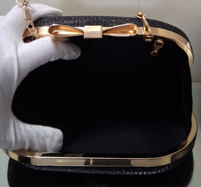 Black Sparkle Evening Clutch with Gold Bow