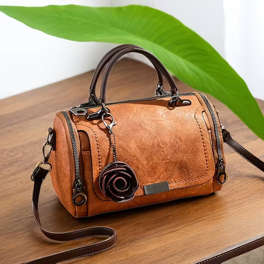 Brown Faux Leather Messenger Bag - Soft Collapsible Crossbody