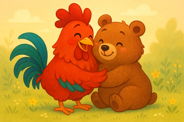 cartoon rooster hugging cartoon bear
