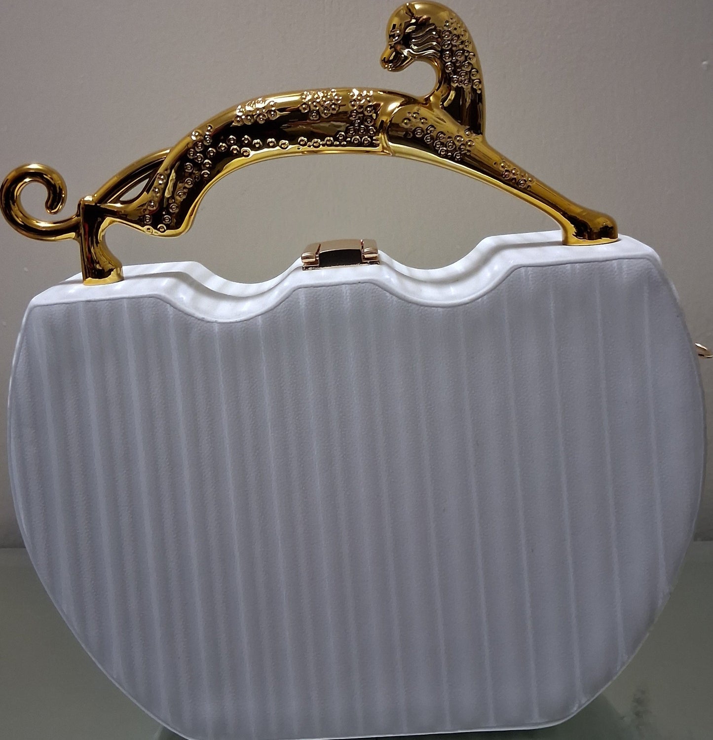 Cream Hard-Sided Evening Bag with Gold Cheetah Handle