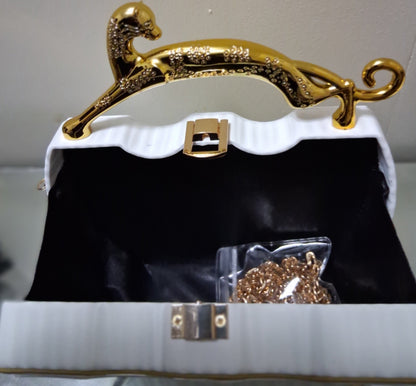 Cream Hard-Sided Evening Bag with Gold Cheetah Handle