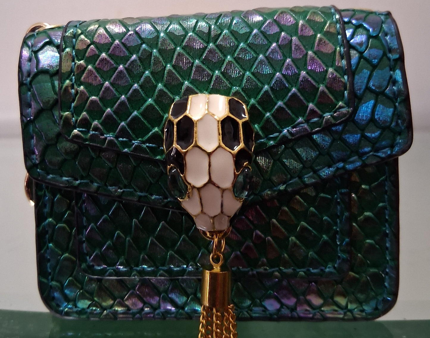 Faux Python Mini Bag with Metal Python Head & Gold Tassel