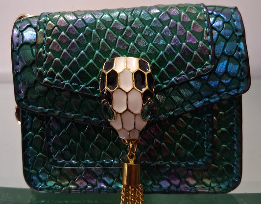Faux Python Mini Bag with Metal Python Head & Gold Tassel