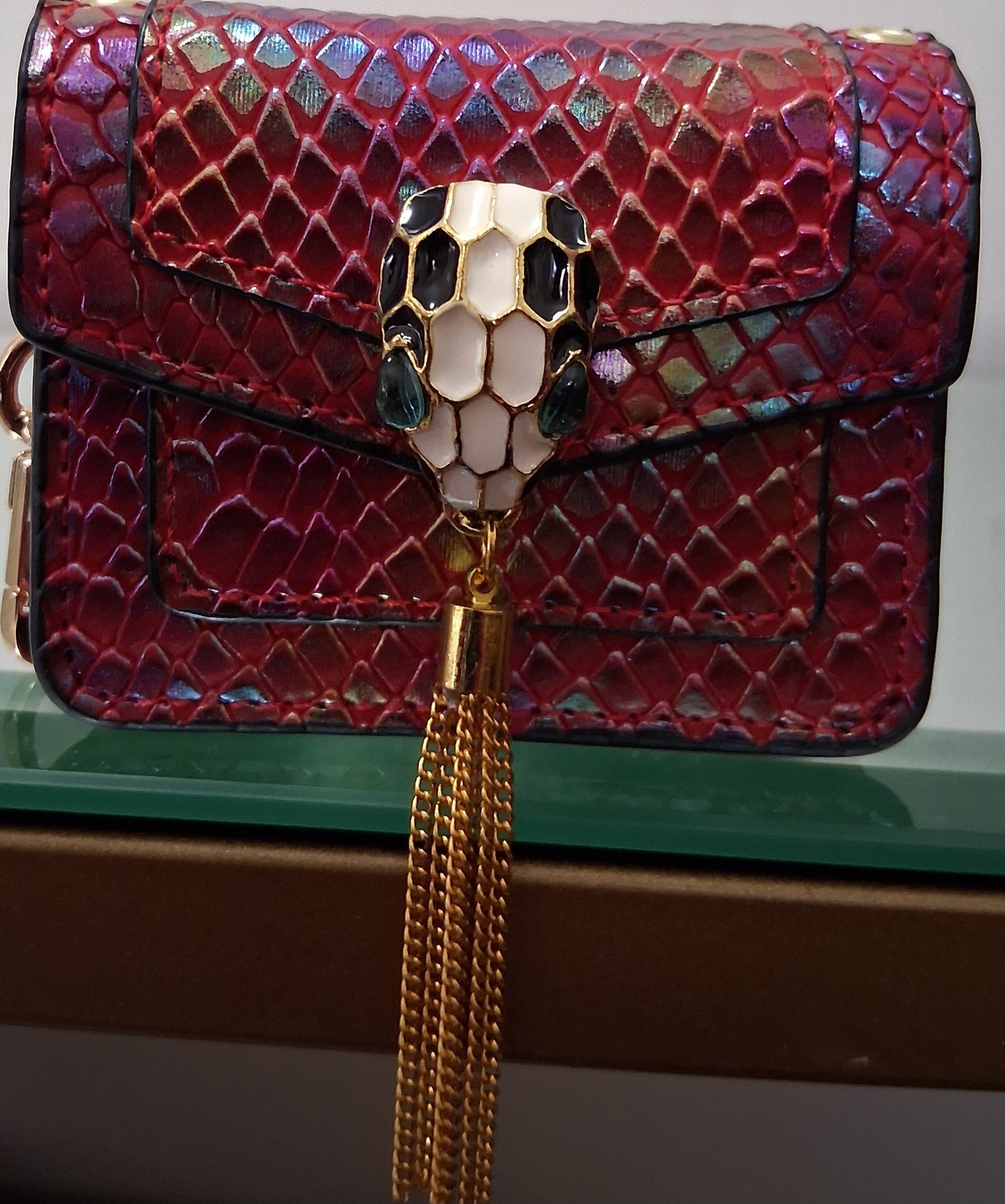 Faux Python Mini Bag with Metal Python Head & Gold Tassel