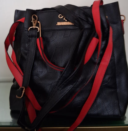 Large Black Bucket Tote with Red and Gold Accents