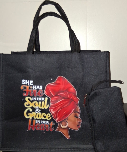 Large Black Canvas Tote with Bonus Zipper Pouch - Designer-Inspired Styles