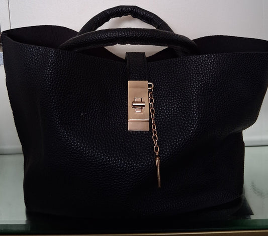 Large Black Faux Leather Bucket Tote with Gold Hardware