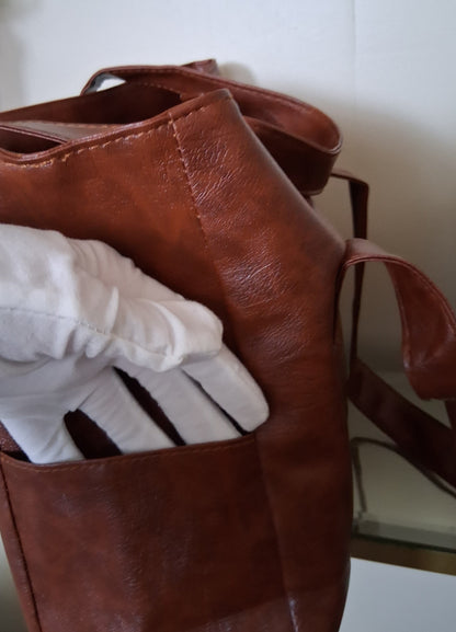 Large Brown Faux Leather Tote with End Pockets