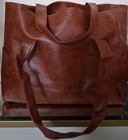 Large Brown Faux Leather Tote with End Pockets