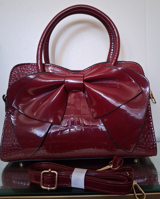 Large Burgundy-Red Faux Leather Handbag with Decorative Bow