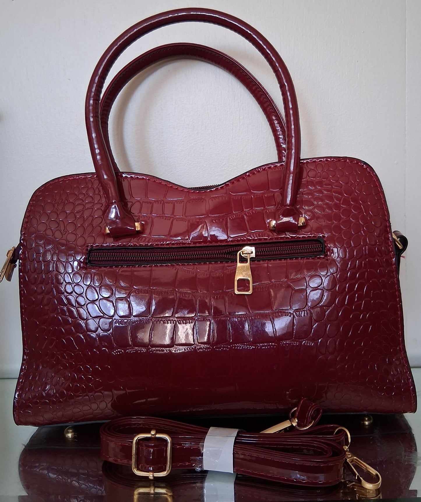 Large Burgundy-Red Faux Leather Handbag with Decorative Bow