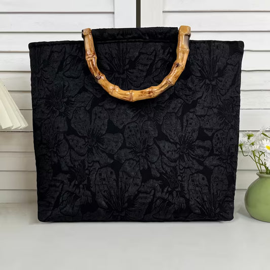 Large Black Floral Tote with Bamboo Handles